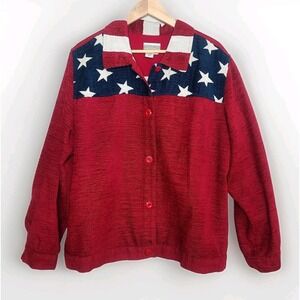 Coldwater Creek American Flag Jacket Size 1X Chenille Stars Stripes‎ USA Made